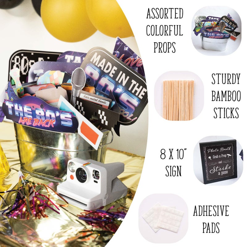 Outside The Booth 80s Photo Booth Props - 41-pc Photo Prop Kit with 8 x 10-Inch Sign, 60 Adhesive Pads, 45 Sticks - 80's Decorations and Theme Party Decorations - Image 2
